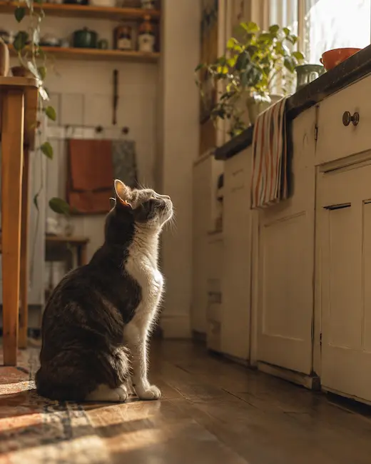 Senior cat sitting on the floor looking up at a high counter