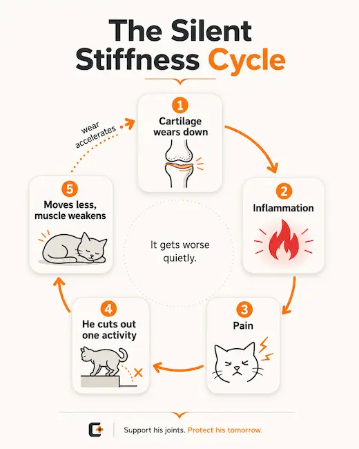 Diagram: The Silent Stiffness Cycle, showing how cartilage wear leads to inflammation, pain, reduced activity, and accelerated wear in cats