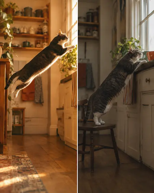 Split image: the cat's old direct leap onto the counter versus the new careful route via a chair