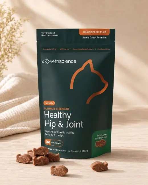 GlycoFlex Plus feline joint supplement package with loose chews