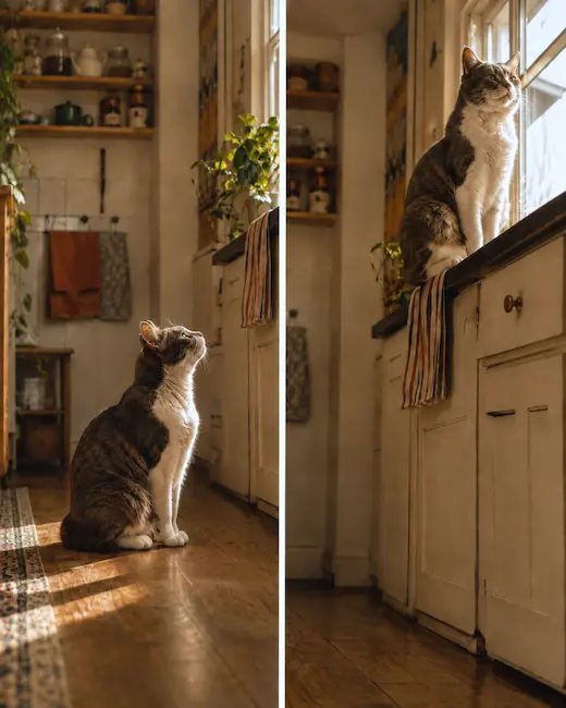 Before and after: the cat looking up from the floor, then sitting confidently on the counter by the window