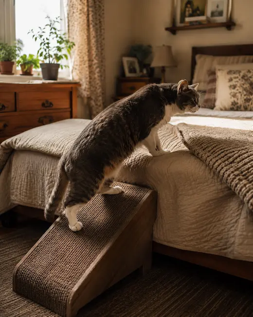 Senior cat using a wooden pet ramp to climb onto the bed
