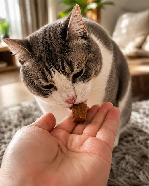 Cat eating a joint supplement chew from its owner's hand