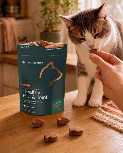 Open GlycoFlex Plus package with chews scattered and a hand feeding one to the cat