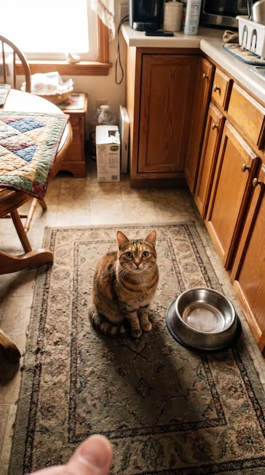 A cat waiting beside its bowl