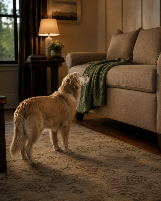 Senior large-breed dog standing in front of the couch, hesitating to jump up