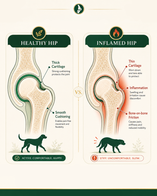Diagram comparing a healthy dog hip joint to an inflamed, arthritic hip joint