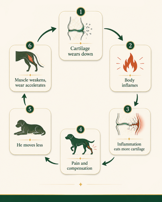 Diagram: The Inflammation Cycle, showing how cartilage wear leads to inflammation, pain, reduced movement, and accelerated wear in dogs