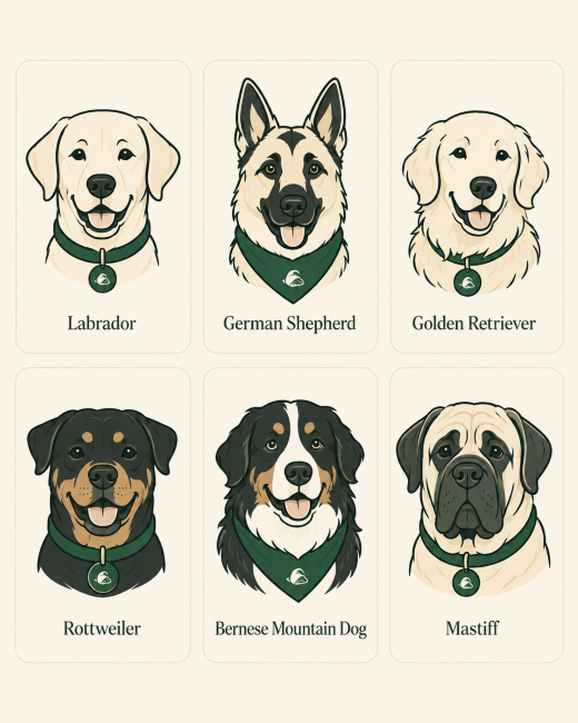Grid of six dog breeds prone to hip and joint issues: Labrador, German Shepherd, Golden Retriever, Rottweiler, Bernese Mountain Dog, Mastiff