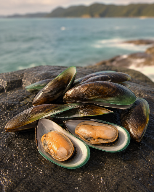Fresh New Zealand green-lipped mussels on ocean rocks