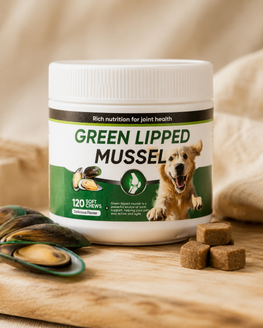Green Lipped Mussel 120 soft chews jar for dogs, clean product shot