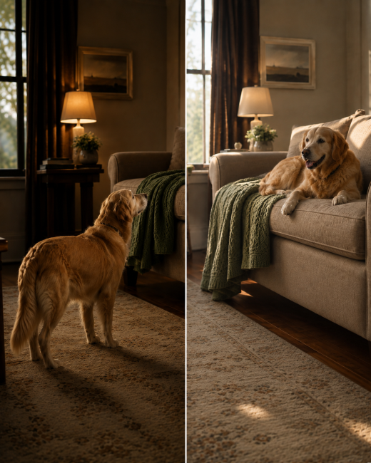 Before and after: dog hesitating in front of the couch, then confidently lying on the couch