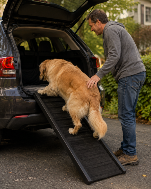 Owner helping a large senior dog climb a ramp into the car trunk