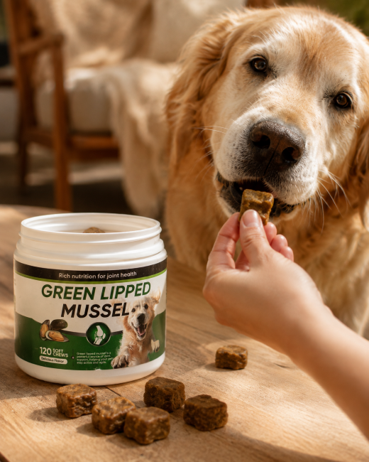 Open Green Lipped Mussel jar with chews scattered and a hand feeding one to the dog