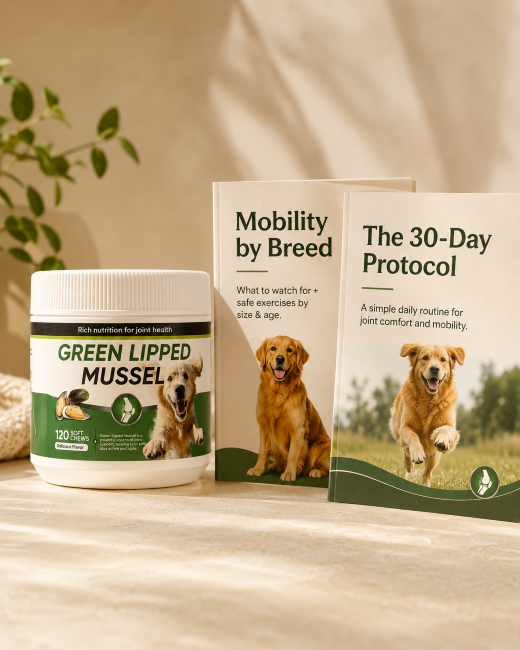 Green Lipped Mussel jar mockup next to the Mobility by Breed and 30-Day Protocol guide booklets