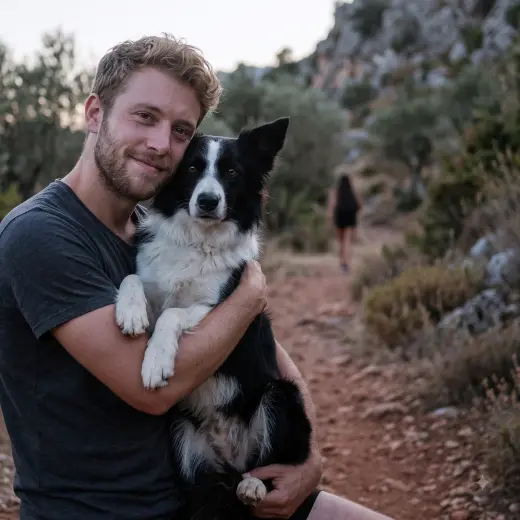 Daniel, founder of Happy Snoot, holding his dog