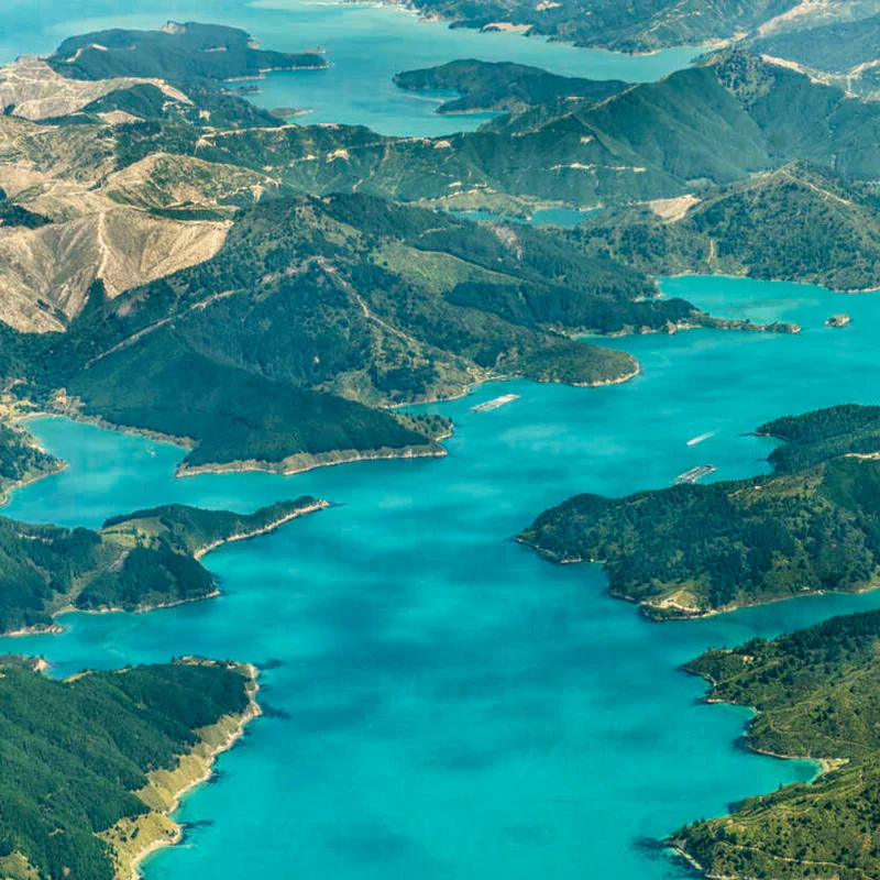 Aerial view of the Marlborough Sounds in New Zealand