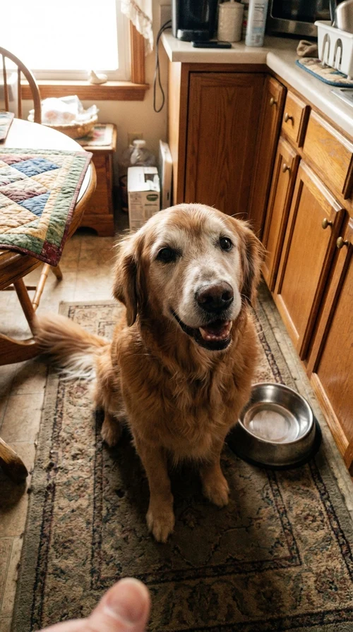 A golden retriever waiting beside its bowl
