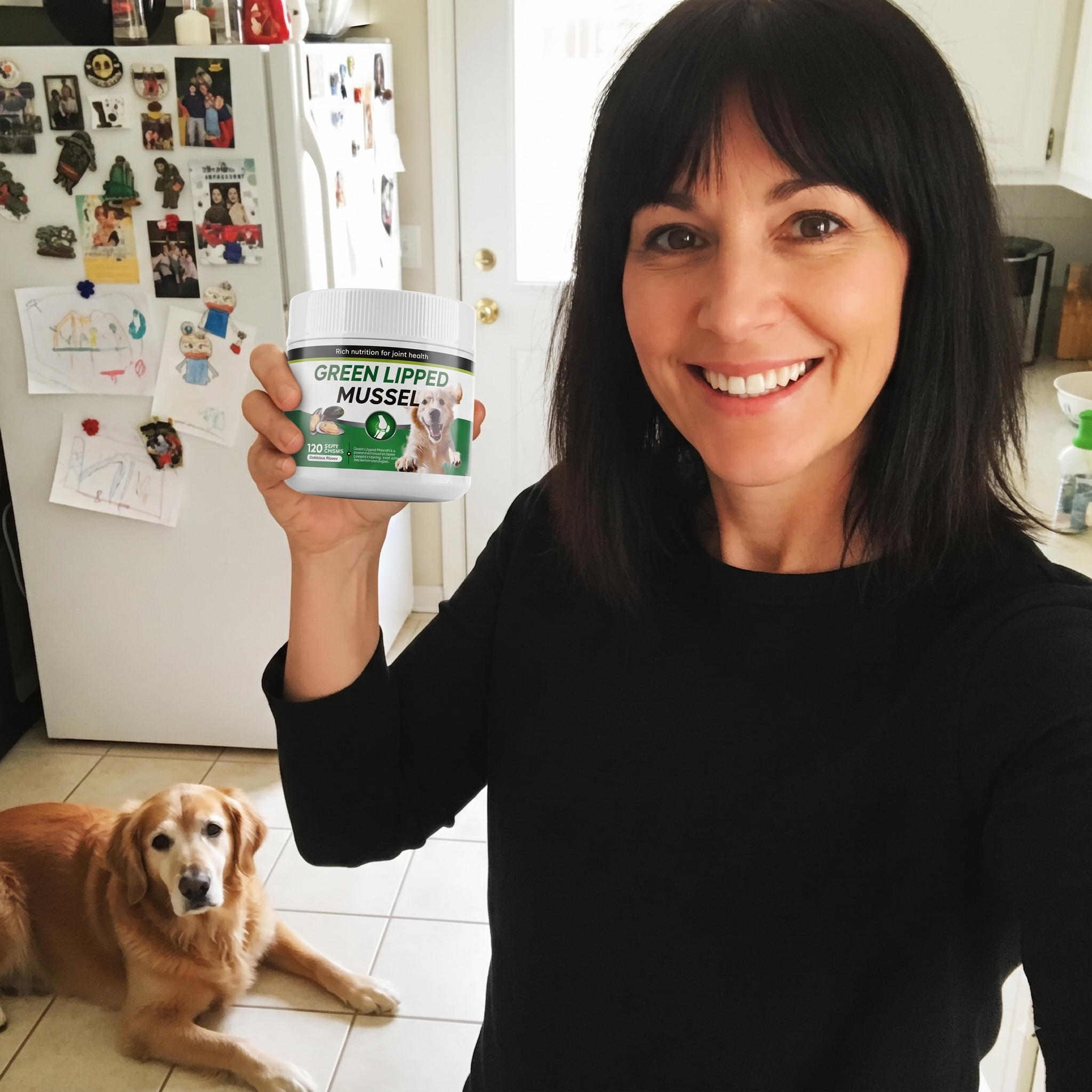 A customer holding the tub, with her golden retriever beside her