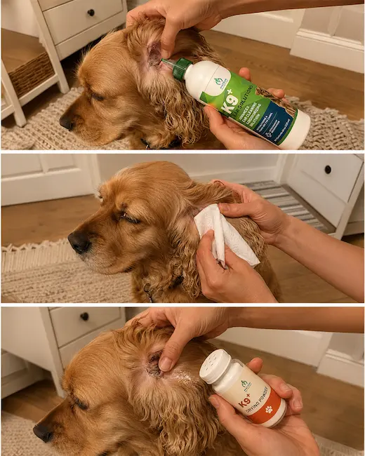 Applying solution, wiping, then applying drying powder