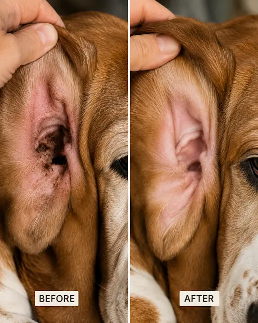 Dog ear before and after cleaning