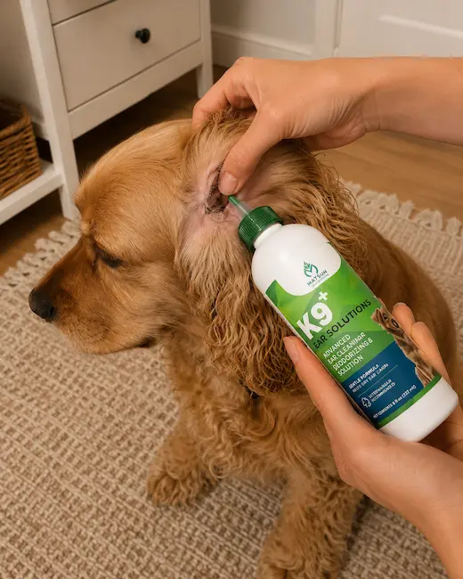 Calm dog receiving ear cleaning