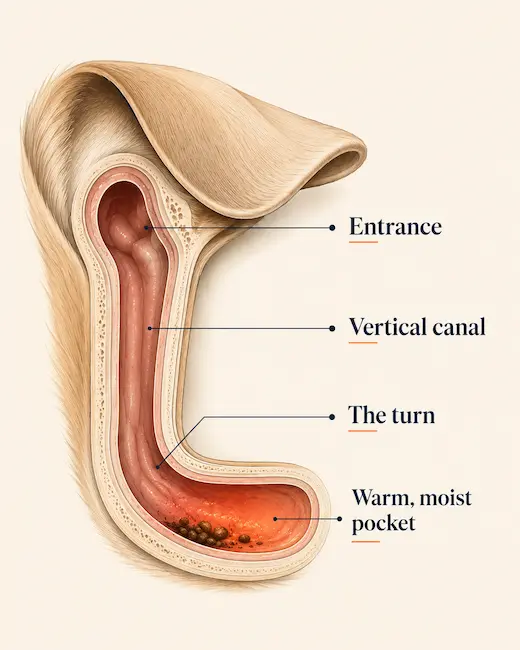 Diagram of the dog's L-shaped ear canal