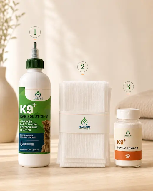 K9+ Ear Solutions kit — solution, wipes, and drying powder